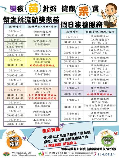 流新雙冠疫苗10月份假日接種服務0925修