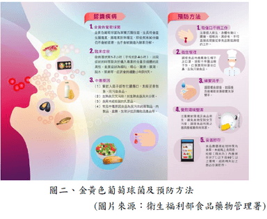 圖二、金黃色葡萄球菌及預防方法(圖片來源：衛生福利部食品藥物管理署)